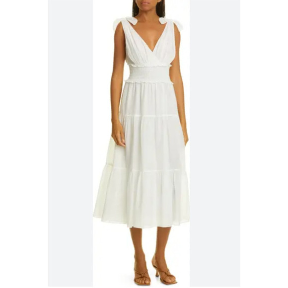 CINQ À SEPT Tamar Tie-Strap Smocked Waist Tiered Dress Ivory Size 2 - Picture 2 of 7